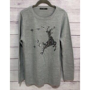 Signature Collection Gray Sweater Sequined Reindeer Sz L (12-14) EUC Holidays